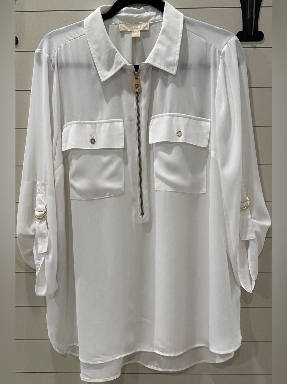 NWT Michael Kors Women's White Zip-Front Sheer Blouse Size XL